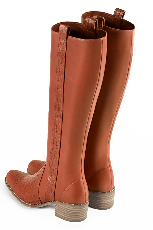 Terracotta orange women's riding knee-high boots. Round toe. Low leather soles. Made to measure. Rear view - Florence KOOIJMAN
